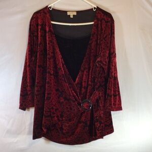 Choices Woman 2X Burgundy Velvet Wrap Front Dressy Top Floral Stretch Dinner